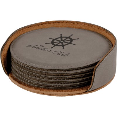 4" Gray Round Leatherette 6-Coaster Set