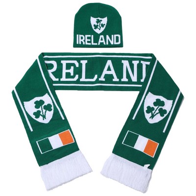 Set Of Knitted Beanie & Woven Scarf W/ Tassel