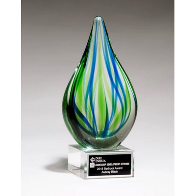8" Blue and Green Teardrop Art Glass on Clear Glass Base with Black Laserable Aluminum Plate