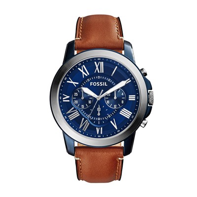 Fossil Mens Grant Chronograph Brown Leather Strap Watch Blue Dial