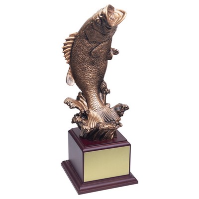 14 1/2" Antique Gold Bass Fish Trophy on Rosewood Base