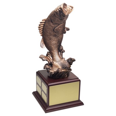 15" Antique Gold Brass Fish Figure Perpetual Trophy on Rosewood Base w/12 Name Plates
