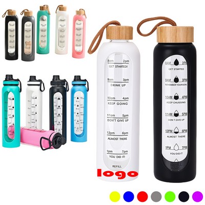 32Oz. Motivational Time-Marked Glass Water Bottle