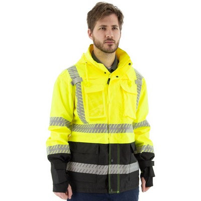 High Visibility Yellow Parka, Waterproof Jacket with Chainsaw Stripes, ANSI 3, Type R