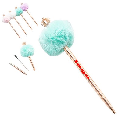 Pompom Cute Fluffy Ballpoint Pen with Crown Tops