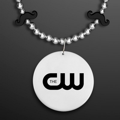 36" Black Mustache Beads on Silver Strands with White Medallion - PRINTED