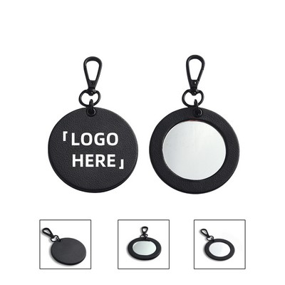 PU Leather Round Compact Mirror Keychain