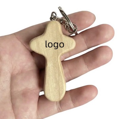 Unique Wooden Pine Cross Keychain Wavy Bifurcated Ring