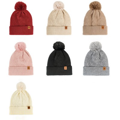 Women's Winter Knitted Beanie w/Pom Pom & Fleece Lining