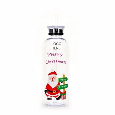 Plastic Large Capacity Christmas Beverage Bottle w/Straw