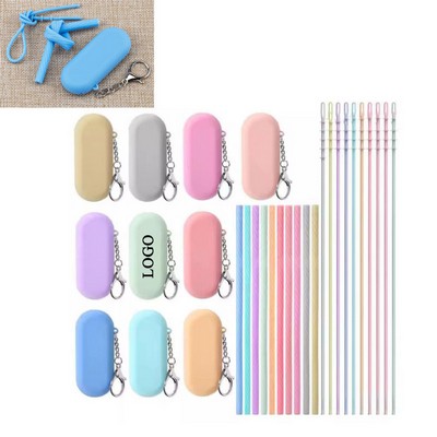 Portable Foldable Silicone Beverage Straw Set with Keychain