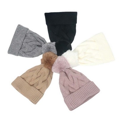 Womens Winter Knitted Beanie Hat with Faux Fur Pom
