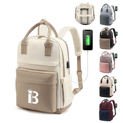 Waterproof Polyester USB Laptop Backpack w/ Luggage Strap