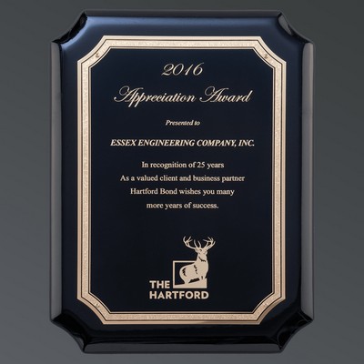 Ebony High Gloss Piano w/Notched Corners, Black Brass Laser FX/Gold Florentine, Large (9"x12")