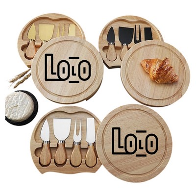 Round Oak Wood Cheese Board Set with Hidden Knife Drawer