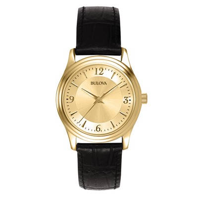 Bulova® Ladies' Corporate Collection Black Leather Strap, Gold-tone Dial