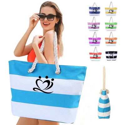 Striped Canvas Tote Bag With Rope Handle