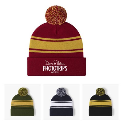 Acrylic Two-Tone Knit Pom Beanie