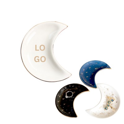 Celestial Crescent Moon Ceramic Trinket Dish: Gold-Rimmed Jewelry Keeper & Vanity Accent