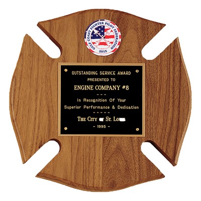 American Walnut Maltese Cross Plaque w/Black Brass Plate and 2" Insert, 10" x 10"