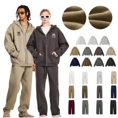 340g Thick Fleece Oversize Zip up Hoodie Wide Leg Pants Set
