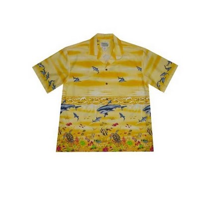 Yellow Hawaiian Shirt - 100% Cotton Poplin Tropical Print w/ Coconut Buttons (S - 3XL in-stock)
