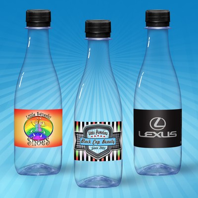 12 Oz. Water In Clear "Glastic" Bottle w/Full Color Label & Black Cap