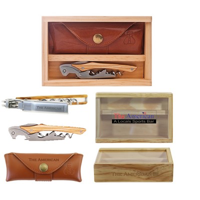 Castello™ Italian Olive Wood Corkscrew Set w/Wood Box & Leather Pouch