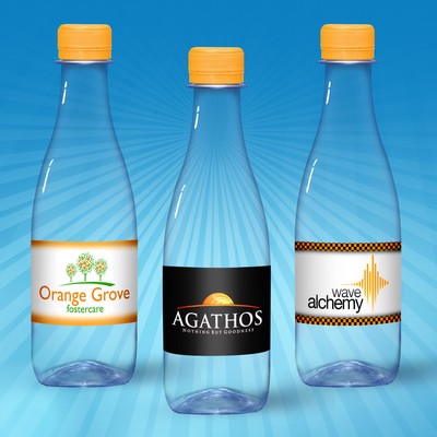 12 Oz. Water In Clear "Glastic" Bottle w/Full Color Label & Tangerine Yellow Cap