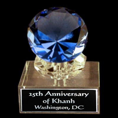 Solid Crystal Engraved Paperweight - Blue Diamond - 4-1/2" Large
