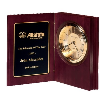 RUSH AWARD/Hand-Rubbed Mahogany-Finish Book Clock Award w/Gold-Spun (4¼")