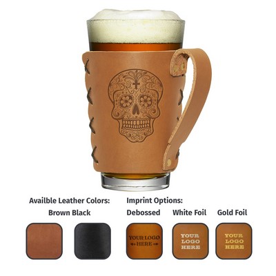 Full-Grain Leather Pint Sleeve w/Handle & 16oz pint Glass Set-Gift Box