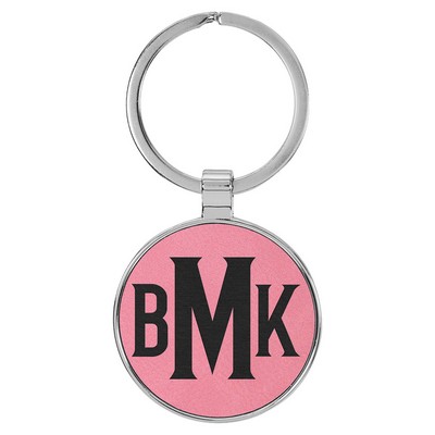 1 1/2" Leatherette/Metal Pink Round Keychain
