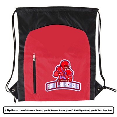 Polyester Drawstring Bag w/ Large Vertical-Zip Pocket w/