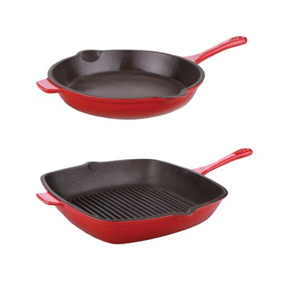BergHoff Neo 2Pc Cast Iron Set: 10" Fry Pan & 11" Grill Pan, Red