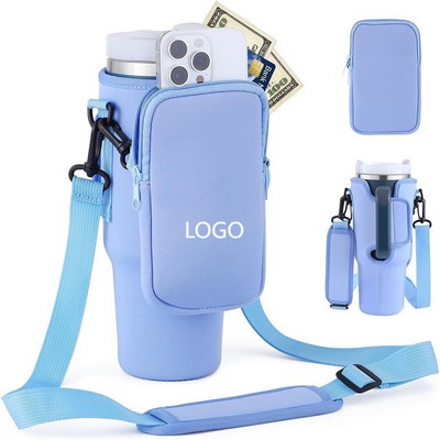 Neoprene Carrier For 40 Oz Tumblers With Zippered Phone Pocket And Adjustable Strap