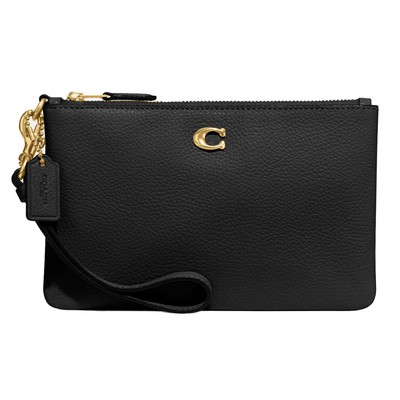 COACH® Polished Pebble Leather Small Wristlet - Black/Brass