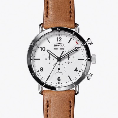 Shinola Mens Canfield Sport Chronograph Bourbon Leather Strap White Dial Watch