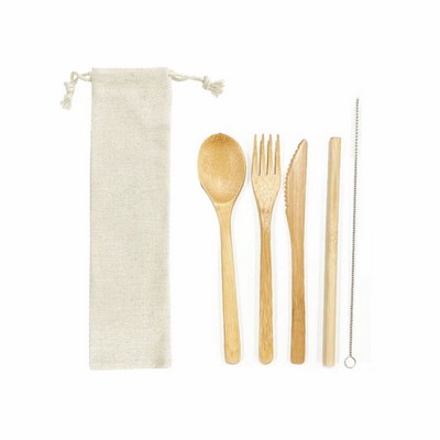 Bamboo Utensil With Straw And Cleaner