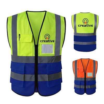 Reflective Mesh Safety Vest w/Blue Bottom & ID Pocket