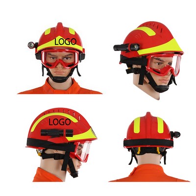 Red firefighter helmet with flashlight and goggles