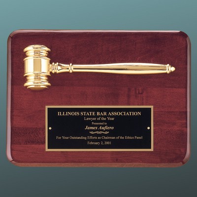 Rosewood Piano Finish Gavel Plaque with Gold Electroplated Gavel and Black Brass Plate , 9"x12"