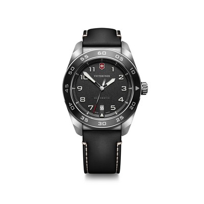 Swiss Army Auto 42mm, silver case, black bezel/dial, black leather strap