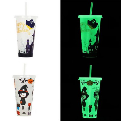 16oz Noctilucence Glow in the Dark Reusable PP Cold Drink Cup With Lid Straw
