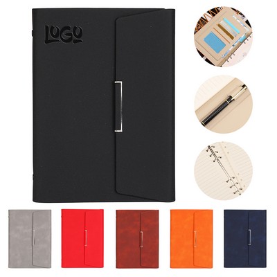 A5 PU Leather Loose Leaf Magnetic Notebook w/ Card Slots