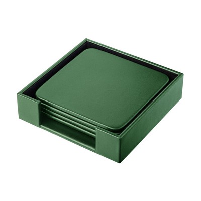 Dark Green Leatherette 4 Square Coaster Set w/ Holder
