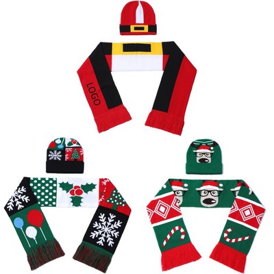 Knitted Cuffed Beanie & Woven Scarf Set