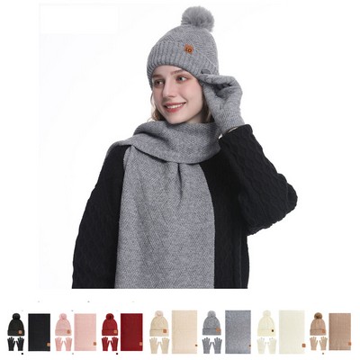 Knitted Winter Hat Scarf Gloves Set