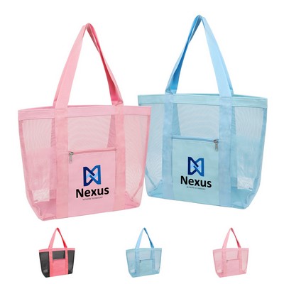 Large Mesh Beach Tote Bag With Pockets & Cup Holders