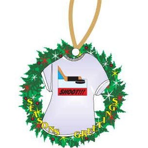 Hockey Puck & Stick T-Shirt Wreath Ornament w/ Black Back (4 Square Inch)